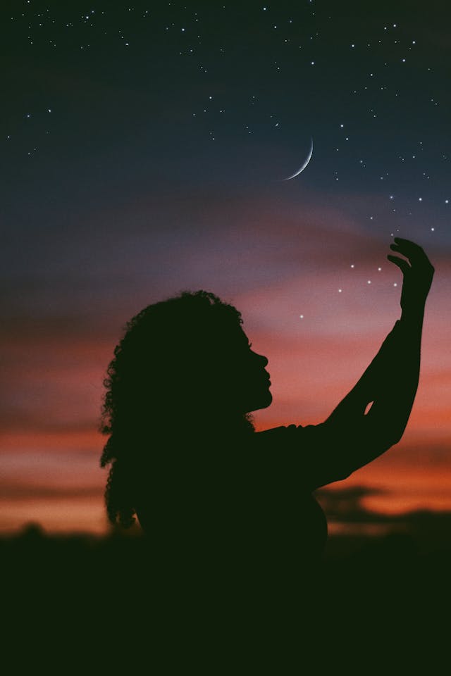 silhouette of emotionally mature adult female standing in front of a twilight sky