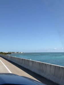 Bridge overlooking the bright blue green waters