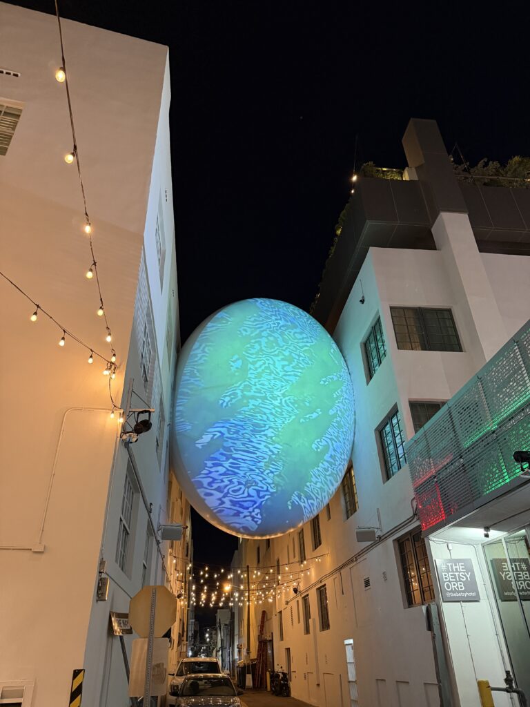 Sphere between buildings